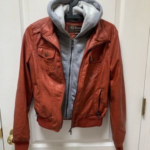 Orange Faux Leather Jacket with Detachable Hood